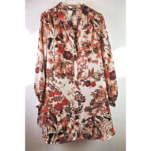 H&M Short Floral Fall Colors Red and Brown Shift Dress Long Sleeve Button Down